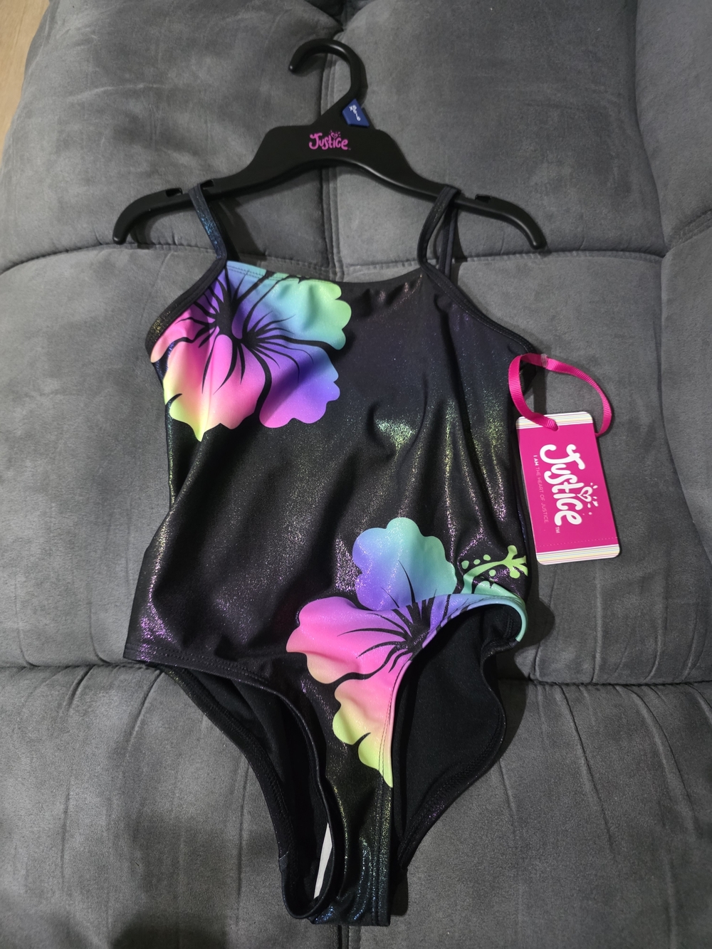 Justice Girls' Black One-Piece Swimsuit with Neon Rainbow Hibiscus
